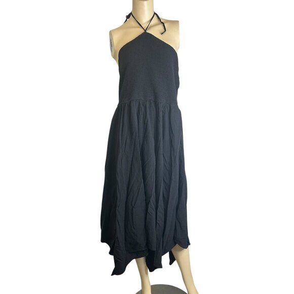 Old Navy Black Fit & Flare Crinkled Halter Midi Dress Handkerchief Hem Sz XXL - Picture 1 of 8